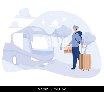 Illustrazione di ritorno al villaggio o città natale mentre prima di Eid con trasporto in autobus. EID al Fitr Travelling, disegno vettoriale piatto moderno Illustrazione Vettoriale