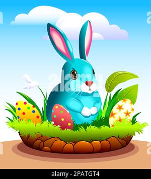 Il coniglio cartone animato si trova vicino al buco di coniglio sull'erba tra le uova di Pasqua. Illustrazione Vettoriale