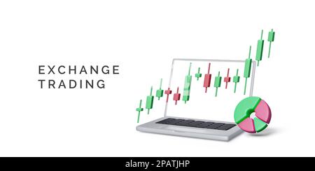 Banner di commercio di borsa in linea. Commercio sul mercato azionario. Computer portatile con rendering 3D, grafico a torta e diagramma a candeletta. Investimenti e finanziario ma Illustrazione Vettoriale