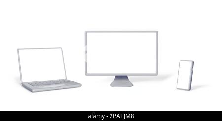 Set di 3D dispositivi per computer argentati per la progettazione di banner. Simulazione di laptop, monitor PC, smartphone con schermo bianco vuoto. Illustrazione vettoriale Illustrazione Vettoriale