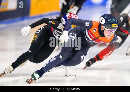 SEUL, COREA - 12 MARZO: Xandra Velzeboer dei Paesi Bassi gareggia sulla staffetta delle donne durante i Campionati mondiali di pattinaggio di velocità a corto raggio ISU alla pista di pattinaggio di Mokdong il 12 marzo 2023 a Seoul, Corea (Foto di Andre Weening/Orange Pictures) Foto Stock