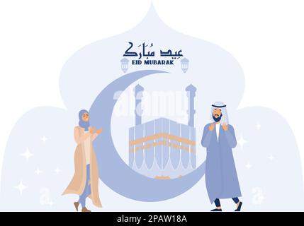 Bambini musulmani che offrono namaaz per Eid Mubarak, con sfondo islamico, piatto vettore moderna illustrazione Illustrazione Vettoriale