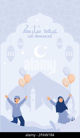 EID Mubarak, Happy Kids Illustration biglietto di auguri personaggio, piatto vettore illustrazione moderna Illustrazione Vettoriale