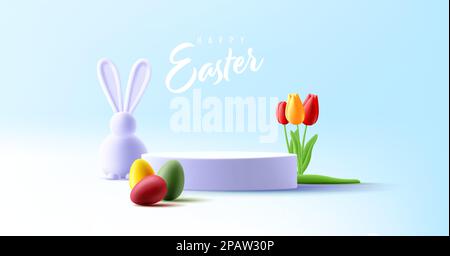 Saluto di Pasqua podio con 3D rendering illustrazione di uova colorate, coniglietto pasquale bianco e tulipani fiori, luce Illustrazione Vettoriale