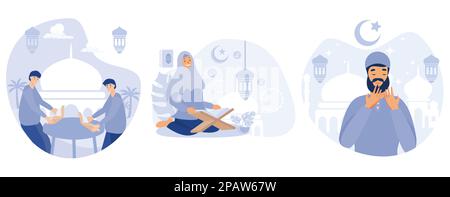 Imparando il libro santo islamico del corano, il popolo musulmano prega nel mese santo del ramadan, Ramadan kareem, ha stabilito l'illustrazione moderna del vettore piatto Illustrazione Vettoriale
