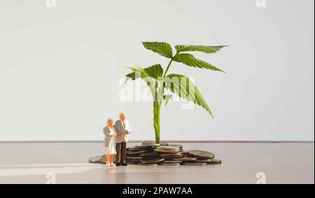 Persone in miniatura: Una coppia anziana in piedi da una pila di monete. Previdenza, risparmio di denaro e investimenti. Foto Stock