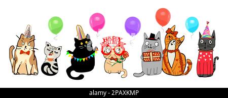 Set di divertente gatto felice compleanno vettore isolato. Illustrazione Vettoriale
