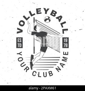 Design del badge del club di pallavolo. Illustrazione vettoriale. Per emblema, cartello, logo di club sportivo della lega universitaria. Etichetta monocromatica vintage, adesivo, patch con vol Illustrazione Vettoriale