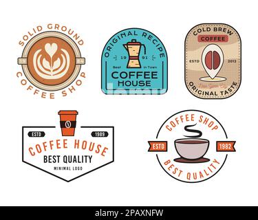 Set di modelli vettoriali Coffee Logos. Coffee Badges design per caffè, ristorante, caffetteria. Grafica stemma. Illustrazione Vettoriale