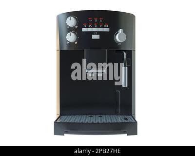 Macchina da caffè elettronica automatica isolata su sfondo bianco. Una moderna macchina da caffè per la casa con un contenitore in plastica nera e pulsanti in metallo Foto Stock