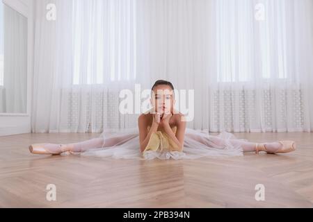 Ballerina ben vestita seduta in studio. Spazio per il testo Foto Stock