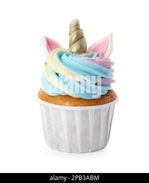 Cupcake dolce e carino unicorno isolato su bianco Foto Stock