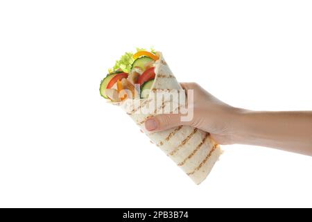 Donna che tiene gustoso shawarma di pollo su sfondo bianco, primo piano Foto Stock