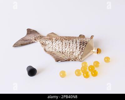 Confezione creativa per vitamine, un tubo con coperchio a forma di pesce. Capsule con olio di pesce e pillole giacciono su uno sfondo bianco. rendering 3d Foto Stock