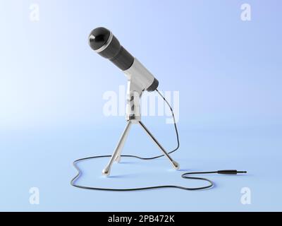 Supporto in argento con microfono moderno su sfondo blu pastello - immagine. Microfono. Concetto di altoparlante. illustrazione di rendering 3d. Spazio di copia, giacitura piatta. Foto Stock