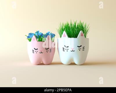 Cute casa piante in kawaii pentole. Carini vasi di fiori a forma di gattini, con erba verde e fiori blu. Isolato su un delicato sfondo rosa Foto Stock