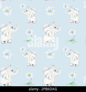 Motivo senza cuciture con graziosi fiori di elefante e camomilla. Illustrazione disegnata a mano con acquerello. Foto Stock