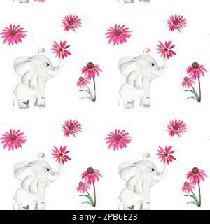 Motivo senza cuciture con graziosi fiori di elefante e echinacea. Illustrazione disegnata a mano con acquerello. Foto Stock