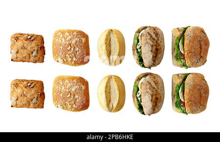 Vista dall'alto della composizione con pane, pane, panino integrale isolato su sfondo bianco. Diversi tipi di pane. Vista dall'alto, disposizione piatta. Foto Stock