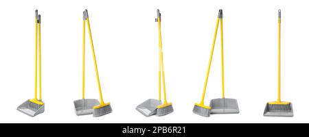 Set con scope e casseruole in plastica su sfondo bianco. Design del banner Foto Stock
