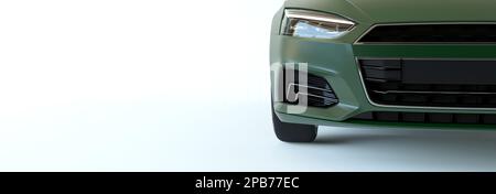Frammento di verde marrone berlina auto luci di posizione posteriori dettaglio. 3d illustrazione con sovrapposizione a grunge. Auto su sfondo bianco. Disposizione piatta, spazio copia, cornice immagine Foto Stock