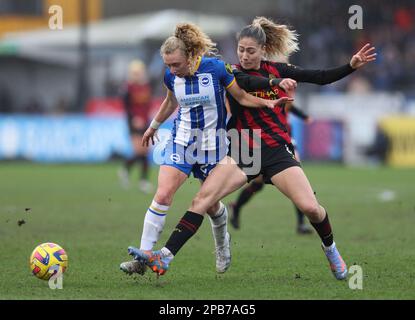 Crawley, Regno Unito. 12th Mar, 2023. Durante la partita della fa Women's Super League tra Brighton & Hove Albion e Manchester City al Broadfield Stadium. Credit: James Boardman/Alamy Live News Foto Stock