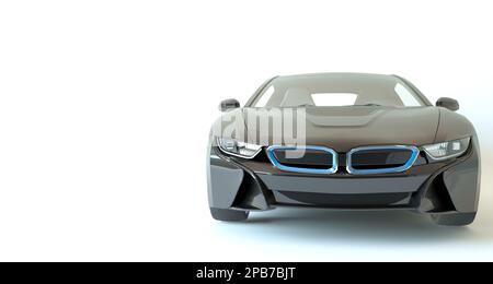 Auto sportiva senza marchio. 3d illustrazione orizzontale. Auto cromata nera con elementi blu isolati su sfondo bianco. Disposizione piatta, spazio copia, cornice immagine Foto Stock