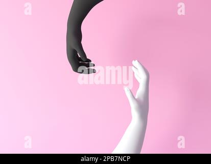Manichino bianco e nero su sfondo rosa. Concetto di coppia, popoli diversi sono gli stessi. Manichino astratto mani aperte bianche e nere Foto Stock