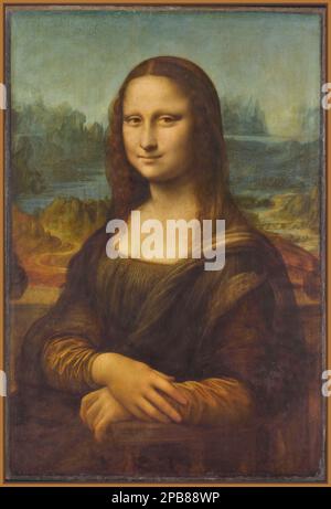 Dipinto di Mona Lisa Museo del Louvre Leonardo da Vinci Parigi Francia MONA LISA Portrait de Lisa Gherardini, épouse de Francesco del Giocondo, Monna Lisa, la Gioconda ou la Jocond Lisa del Giocondo Data tra il 1503 e il 1516 olio su legno di pioppo Foto Stock