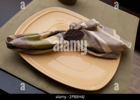 Un'unica posizione informale tavolo con placemat, piatto, tovagliolo e anello tovagliolo Foto Stock