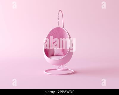 Una sedia a dondolo a forma di uovo. Poltrona pensile con cuscini, all'aperto. Rosa monocromatico isolato su rosa pastello. 3d rendering oscillazione minima. Foto Stock