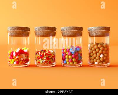 Dolci diversi in vasetti di vetro. Vasetti di vetro con diverse caramelle su fondo arancione. Molti vasi pieni di diversi tipi di caramelle Foto Stock