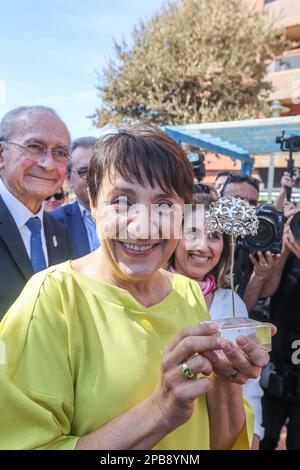 12 marzo 2023: 12 marzo 2023 (Malaga) il sindaco di Malaga, Francisco de la Torre, ha partecipato alla scoperta del monolito Premio MÃ¡laga - sur dedicato a Blanca Portillo. L'evento si è svolto questa mattina al Paseo MarÃ-timo Antonio Banderas. (Credit Image: © Lorenzo Carnero/ZUMA Press Wire) SOLO PER USO EDITORIALE! Non per USO commerciale! Foto Stock