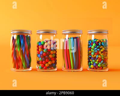 Dolci diversi in vasetti di vetro. Vasetti di vetro con diverse caramelle colorate su sfondo arancione. Tre vasetti pieni di diversi tipi di caramelle, dolci Foto Stock