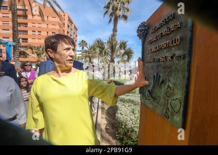 12 marzo 2023: 12 marzo 2023 (Malaga) il sindaco di Malaga, Francisco de la Torre, ha partecipato alla scoperta del monolito Premio MÃ¡laga - sur dedicato a Blanca Portillo. L'evento si è svolto questa mattina al Paseo MarÃ-timo Antonio Banderas. (Credit Image: © Lorenzo Carnero/ZUMA Press Wire) SOLO PER USO EDITORIALE! Non per USO commerciale! Foto Stock