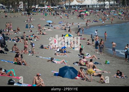 Malaga, Spagna. 12th Mar, 2023. I bagnanti sono visti alla spiaggia di Malagueta durante una giornata termale calda. Il bel tempo e le alte temperature hanno reso piene le spiagge lungo la costa andalusa. L'agenzia di meteorologia statale spagnola ha avvertito di un episodio insolito di alte temperature nei prossimi giorni, con temperature che potrebbero raggiungere oltre i 30 gradi. (Foto di Jesus Merida/SOPA Images/Sipa USA) Credit: Sipa USA/Alamy Live News Foto Stock