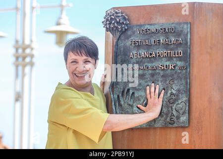 12 marzo 2023: 12 marzo 2023 (Malaga) il sindaco di Malaga, Francisco de la Torre, ha partecipato alla scoperta del monolito Premio MÃ¡laga - sur dedicato a Blanca Portillo. L'evento si è svolto questa mattina al Paseo MarÃ-timo Antonio Banderas. (Credit Image: © Lorenzo Carnero/ZUMA Press Wire) SOLO PER USO EDITORIALE! Non per USO commerciale! Foto Stock