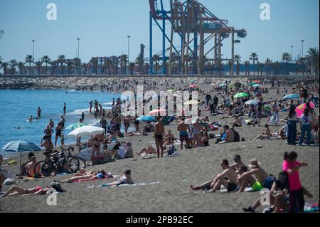 Malaga, Spagna. 12th Mar, 2023. I bagnanti sono visti alla spiaggia di Malagueta durante una giornata termale calda. Il bel tempo e le alte temperature hanno reso piene le spiagge lungo la costa andalusa. L'agenzia di meteorologia statale spagnola ha avvertito di un episodio insolito di alte temperature nei prossimi giorni, con temperature che potrebbero raggiungere oltre i 30 gradi. (Foto di Jesus Merida/SOPA Images/Sipa USA) Credit: Sipa USA/Alamy Live News Foto Stock