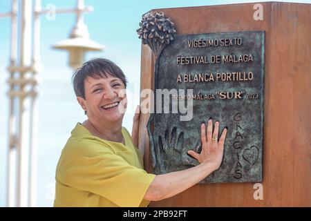 12 marzo 2023: 12 marzo 2023 (Malaga) il sindaco di Malaga, Francisco de la Torre, ha partecipato alla scoperta del monolito Premio MÃ¡laga - sur dedicato a Blanca Portillo. L'evento si è svolto questa mattina al Paseo MarÃ-timo Antonio Banderas. (Credit Image: © Lorenzo Carnero/ZUMA Press Wire) SOLO PER USO EDITORIALE! Non per USO commerciale! Foto Stock