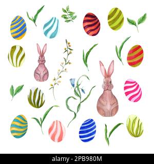 Set di acquerello lepre di pasqua, uova e foglie isolate su sfondo bianco. Illustrazione disegnata a mano per carta da parati, stampa, scarti, design di striscioni Foto Stock