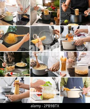 Collage di persone che cucinano pasta gustosa in pentole a casa Foto Stock