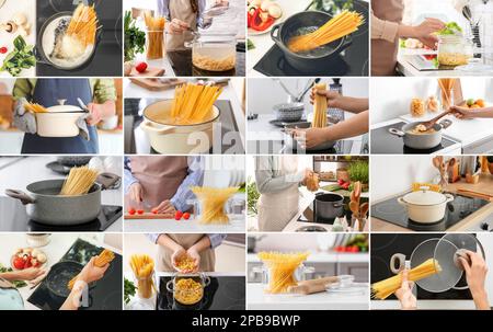 Raccolta di persone che cucinano pasta gustosa in pentole a casa Foto Stock