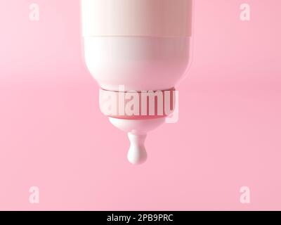3d bottiglia di latte per la preparazione su fondo rosa chiaro. Tempo di alimentazione. Colore pastello. Primo piano. Punto di vista. Biberon di latte per neonati Foto Stock