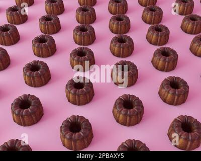 Muffin al cioccolato. Carta da parati Brownie su sfondo rosa. Intera cornice di torte di cioccolato isolato su rosa. Fotografia del cibo dallo stile minimale Foto Stock