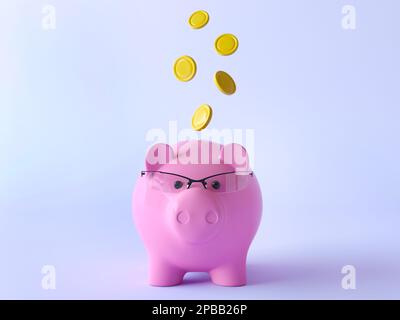 Banco di piggy con bicchieri e monete che cadono in slot isolato su uno sfondo pastello. Spazio di copia per la posizione di banner o testo. Smart rosa piggy bank Foto Stock