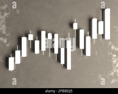 Grafico di azione e grafico con il candeliere di affari. Illustrazione del rendering dell'analisi statica finanziaria 3D. Online trading, investimenti, strategia piano di mercato Foto Stock