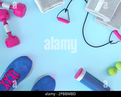 Vista dall'alto dell'attrezzatura fitness. Scarpe da ginnastica, manubri, espansore, palle da tennis, asciugamani, bottiglia sportiva su sfondo blu pastello, spazio copia Foto Stock