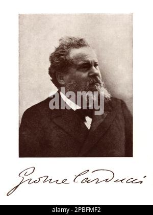 1906 ca , ITALIA : il celebre poeta italiano Giosue' CARDUCCI ( Valdicastello 1835 - Bologna 1907 ) , PREMIO NOBEL per la Letteratura nel 1906 - POETA - POESIA - POESIA - LETTERATURA - Premio Nobel - ritratto - uomo vecchio anziano - uomo anziano - capelli bianchi - capelli bianchi - barba - barba - barba - barba - letterato - ITALIA - firma - prima - autografo - Autografo ---- Archivio GBB Foto Stock