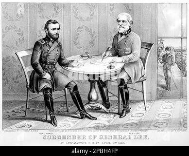 1865 , USA : resa del generale Lee , presso Appomattox C.H. Virginia , Aprile 9th. 1865, i generali LEE e ULISSE CONCEDONO. Il generale ROBERT E. LEE ( 1807 - 1870 ) dell'Esercito confederato , ritratto litografico di Currier & Ives , New York . Lee era un ufficiale dell'esercito degli Stati Uniti, un ingegnere e uno dei generali più celebrati nella storia americana. - SECESSION WAR CIVIL - GUERRA civile DI SECESSIONE AMERICANA - uomo anziano vecchio - uomo anziano - barba bianca - barba bianca - cravatta - papillon - cravatta - - USA - SUDISTA CONFEDERATO - CONFEDERATO - uniforme militare - uni Foto Stock