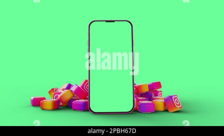 Rendering 3D del telefono cellulare con schermo vuoto con logo Instagram isolato su sfondo verde Foto Stock